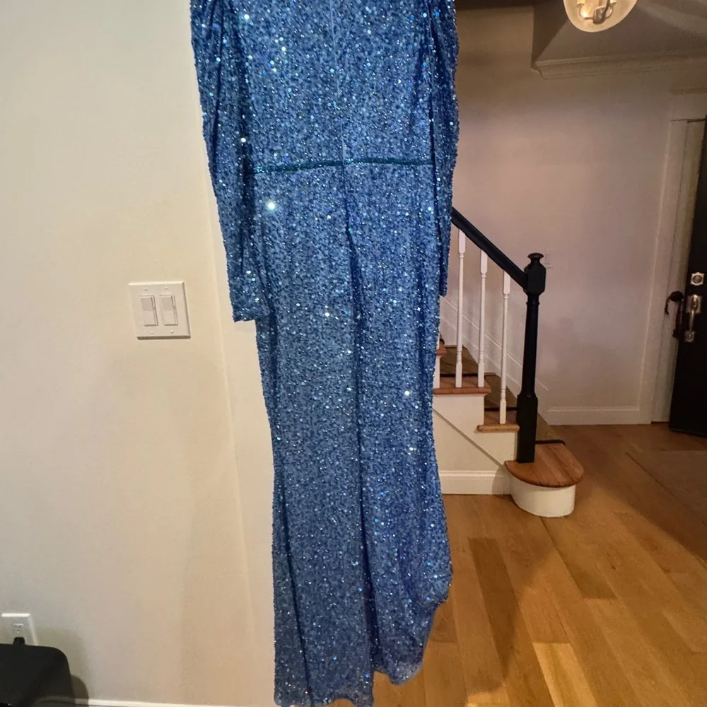 Mac Duggal Sparkling Blue Puff Sleeve Gown - Picture 4 of 7